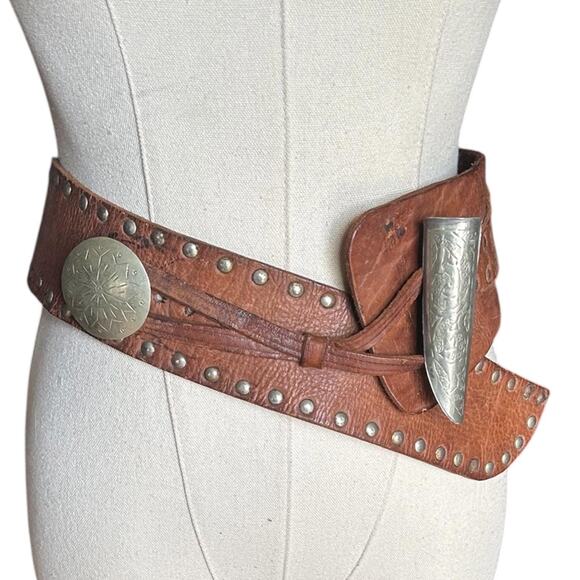 Vintage Studded Leather Wrap Belt Engraved Metal Slide Artisan Boho Adjustable main image 7